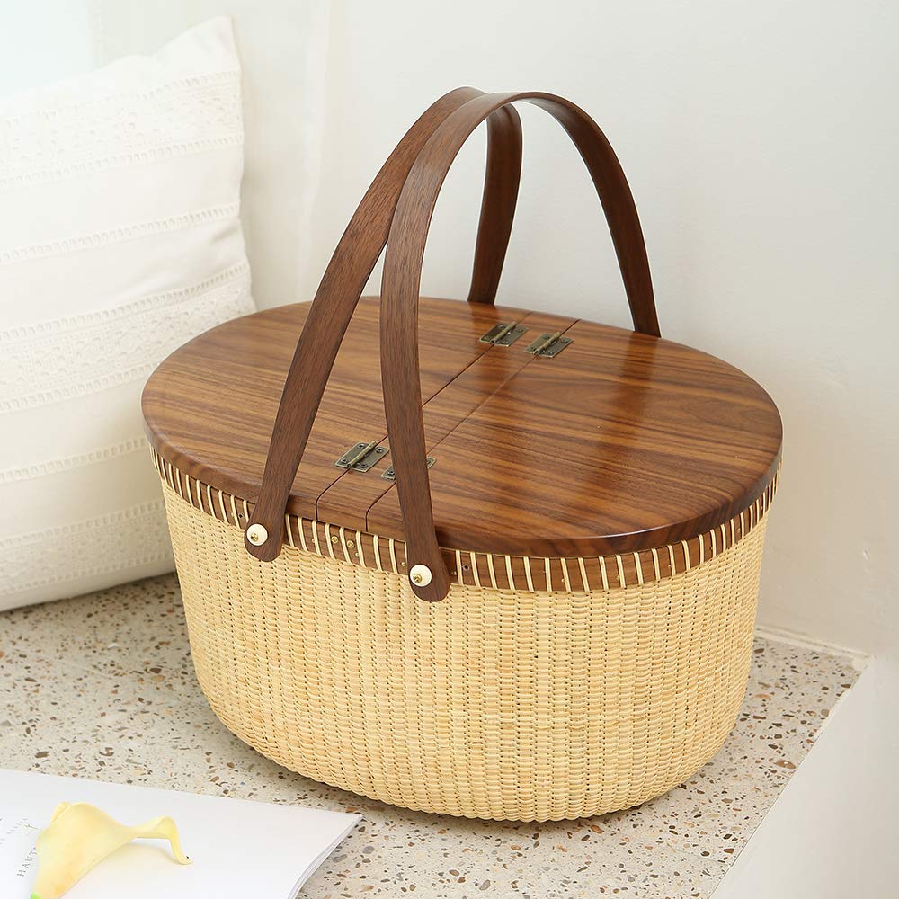 Teng Tian Nantucket Basket Crafts Cane-on-Cane Weave Picnic Basket Shopping Basket Basket Storage Basket Two Swing Handles (Black Walnut Activity Double Open)