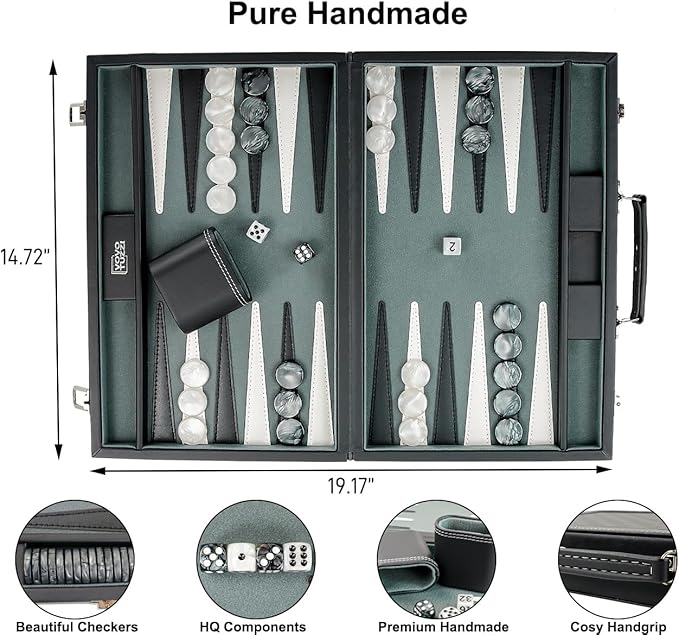 Backgammon Sets for Adults 15 Inches Backgammon Board Games for Adults Leather Backgammon Sets for Family &amp Travel Checkerboard Design Grey and Black