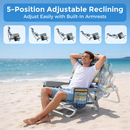 5-Position Backpack Beach Chairs for Adults, Foldable Heavy-Duty Beach Chair with Lumbar,Cooler Bag,Cup Holder,Towel Rack for Beach, Camping, Outdoor(2Pack)
