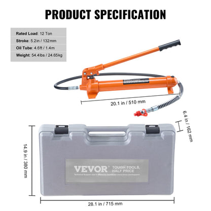 VEVOR Porta Power Kit, 12 Ton Load, Portable Hydraulic Jack with 4.6 ft Extended Oil Hose, Long Handle Design, Auto Body Frame Repair Kit with Portable Storage Case for Car Repair, Truck, Farm