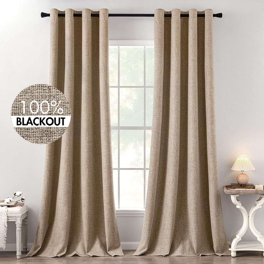 MIULEE 100% Blackout Linen Textured Curtains - Thermal Insulated Copper Brown Grommet Drapes | 52 x 120 Inch (2 Panels)