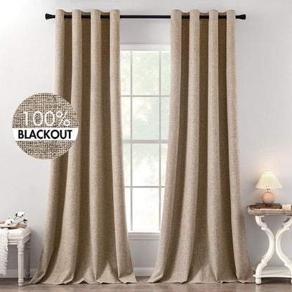 MIULEE 100% Blackout Linen Textured Curtains - Thermal Insulated Copper Brown Grommet Drapes | 52 x 120 Inch (2 Panels)