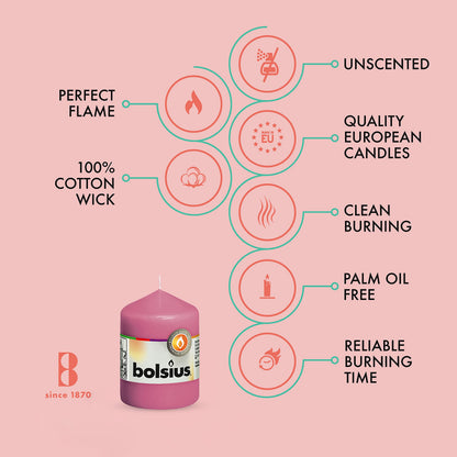 BOLSIUS 10 Pink Pillar Candles - 2.25 x 3.25 Inches - Premium European Quality - Individually Wrapped - 17 Hour Burn Time - Dripless Smokeless Unscented Dinner, Wedding, Party, & Restaurant Candles