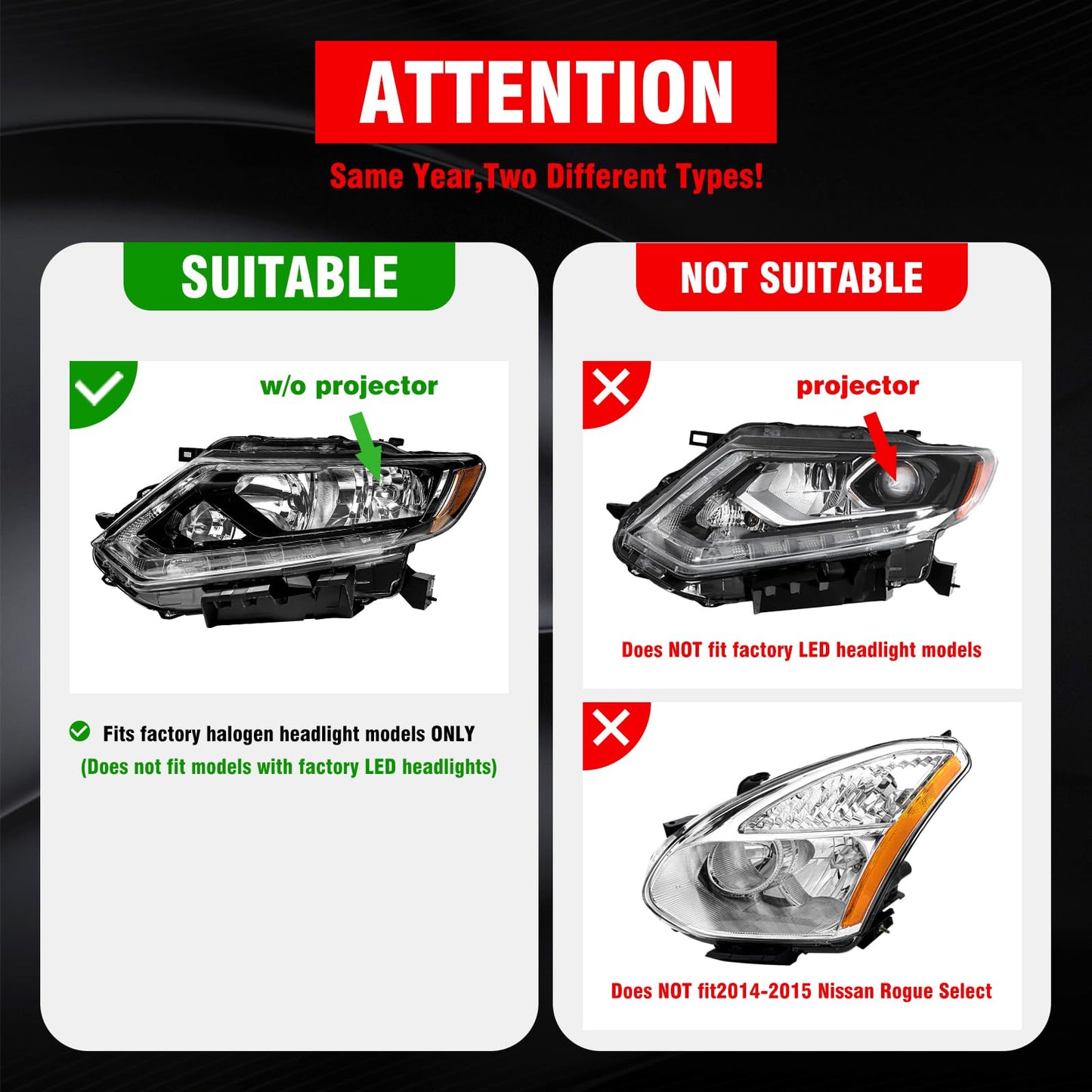 ADCARLIGHTS Headlight Assembly for 2014 2015 2016 Nissan Rogue Clear Lens Black Housing with Amber Reflector Headlamp Replacement Left and Right Pair(Only Fits Models with Halogen（W/O Bulbs）