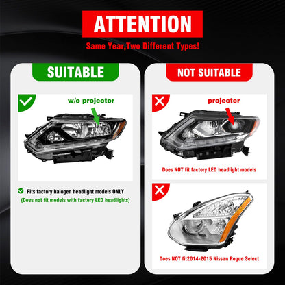 ADCARLIGHTS Headlight Assembly for 2014 2015 2016 Nissan Rogue Clear Lens Black Housing with Amber Reflector Headlamp Replacement Left and Right Pair(Only Fits Models with Halogen（W/O Bulbs）
