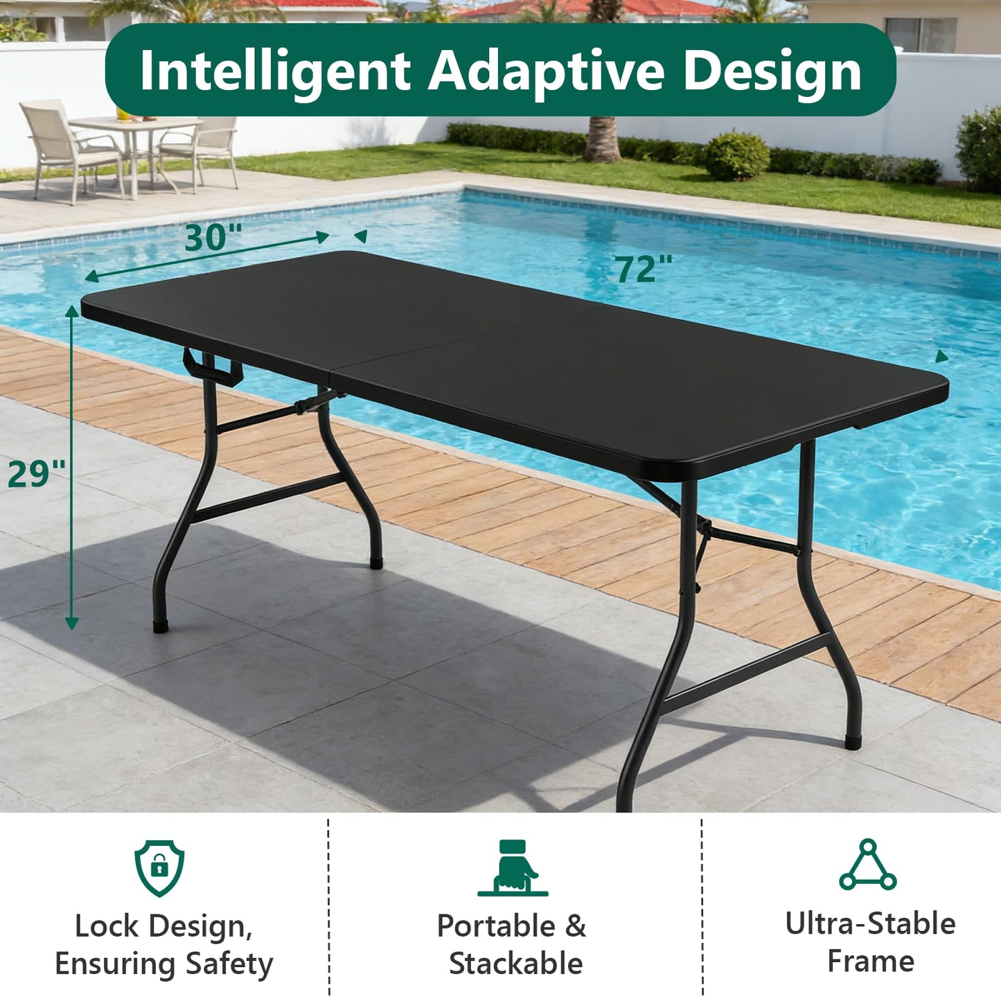 2 Pack Folding Table 6ft - Heavy Duty Plastic Table with Handle, Foldable & Portable, Fold-in-Half Utility Tables for Outdoor, Dining, Wedding, Events, Indoor, Picnic, Camping, Party (Black)