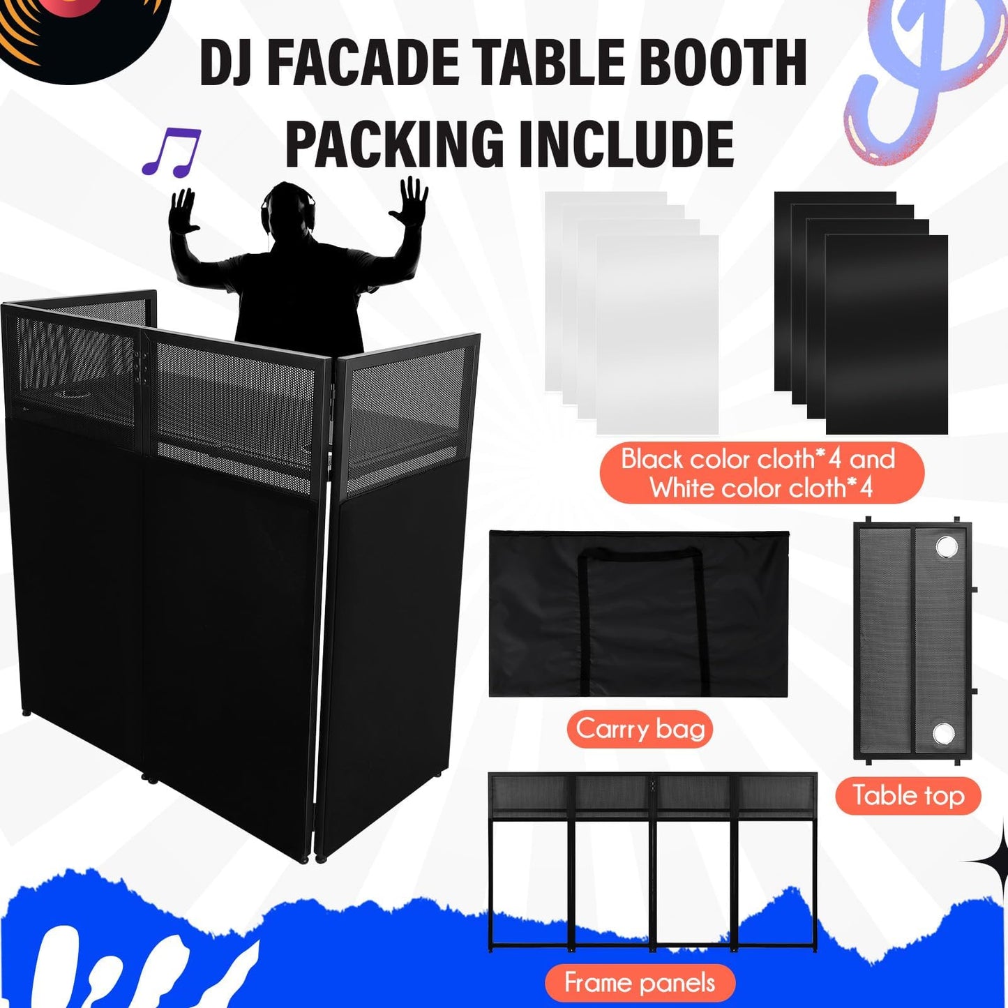 DJ Facade Portable Booth Table with White & Black Lighting Scrim,50" L X 25" W DJ Stand Booth,Foldable DJ Table Station with Adjustable DJ Event Facade Feet for Party, Black Metal Frame