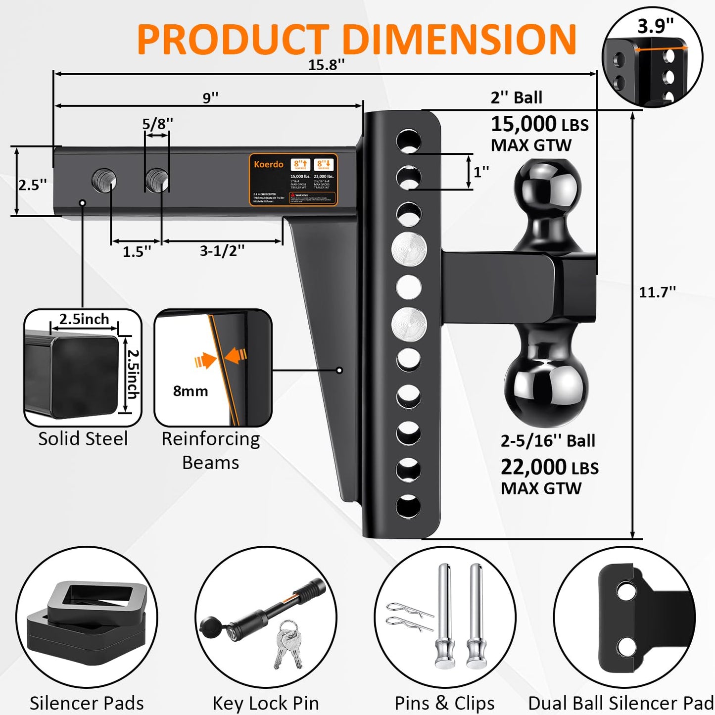 Adjustable Trailer Hitch -Drop Hitch-Tow Hitch FITS 2.5 inch Receiver-8inch Drop/Rise, 2" & 2-5/16" Ball Hitches for Trucks, 22,000 LBS GTW, Trailer Hitches with Anti-Theft Pin, Black