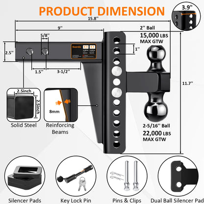 Adjustable Trailer Hitch -Drop Hitch-Tow Hitch FITS 2.5 inch Receiver-8inch Drop/Rise, 2" & 2-5/16" Ball Hitches for Trucks, 22,000 LBS GTW, Trailer Hitches with Anti-Theft Pin, Black