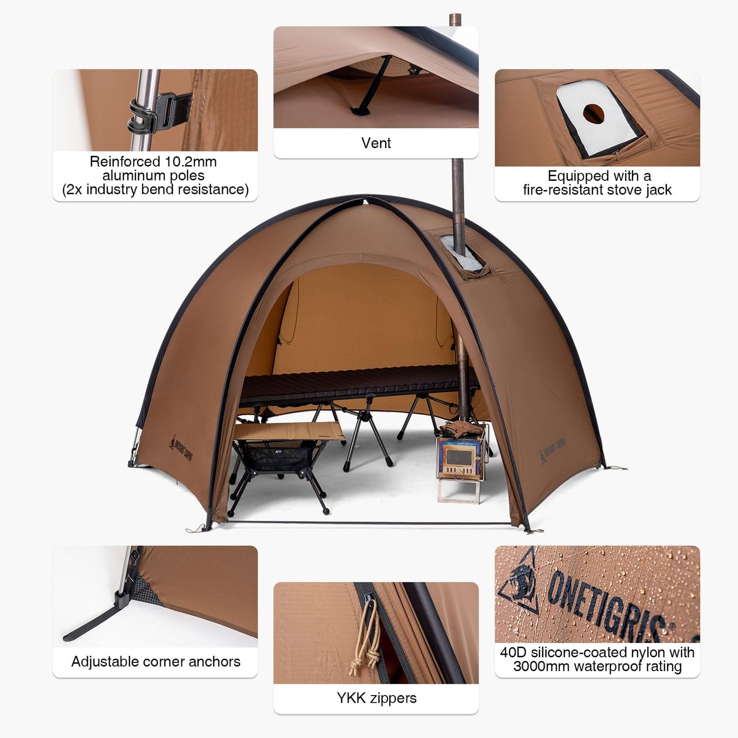 OneTigris Coco-NEST Solo Hot Tent with Stove Jack, 3000mm Waterproof Windproof Free-Standing Dome Tent with Mesh Inner