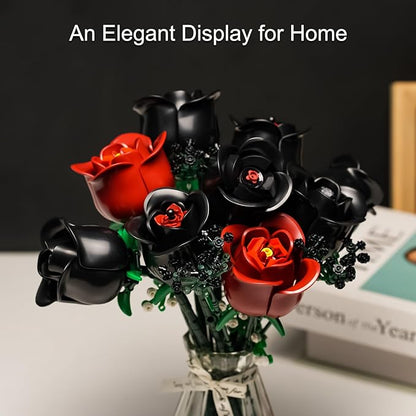ENJBRICK 12 Pack Gothic Black Roses Building Set Compatible with Lego Red &amp Black Flower Bouquet with Baby's Breath Unique Romantic Gifts for Women Aesthetic Home Decor
