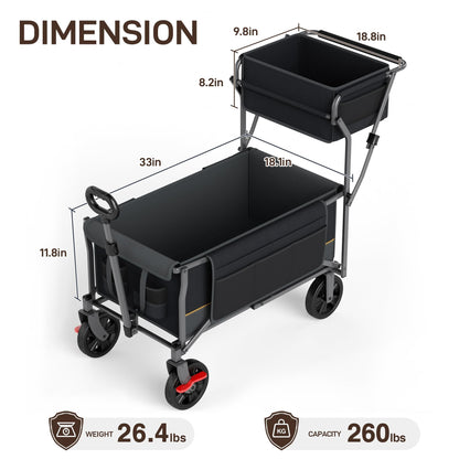 EVER ADVANCED Collapsible Push & Pull Shopping Cart with Wheels & Brakes, Foldable Wagon for Groceries with Practical Basket, Side Pockets & Cup Holders, Beach Utility Rolling Cart for Camping, Black