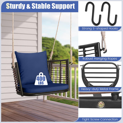 HAPPYGRILL Porch Swing Patio Hanging Rattan Basket Chair, Swing Hammock Chair with Seat Cushion & Back Cushion, PE Rattan, Sturdy Metal Frame, Wicker Hanging Rope Swing, (Navy)