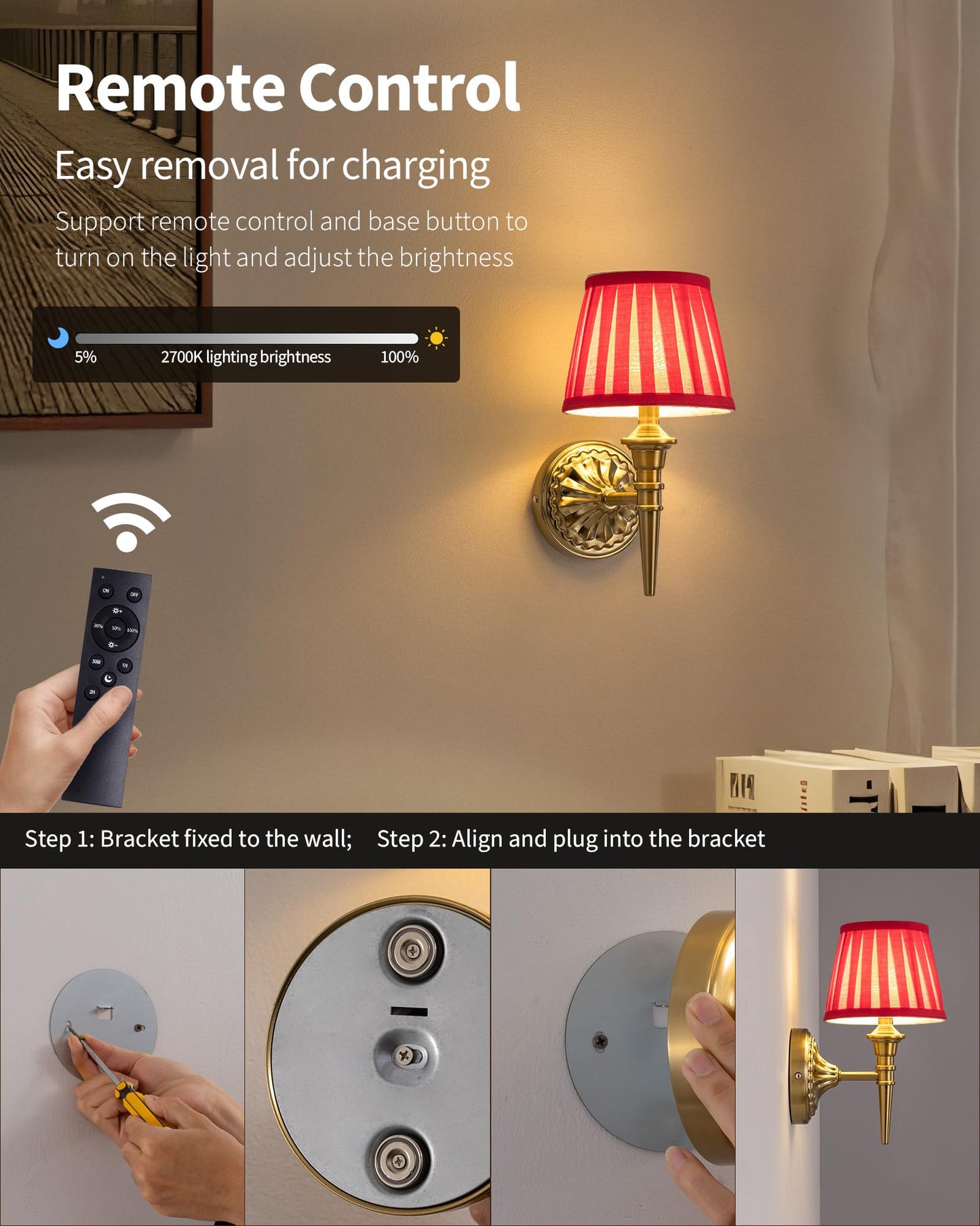 KDG Cordless Wall Sconces Set of 2, Small Wireless 5200mAh Rechargeable Battery Fabric LED Wall Lamps, Portables Lightings for Wall Painting, Living Room, Bedroom, Hallway, Gifts, Night Light (Red)