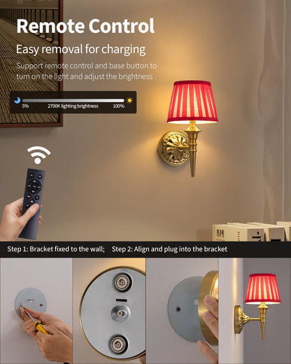 KDG Cordless Wall Sconces Set of 2, Small Wireless 5200mAh Rechargeable Battery Fabric LED Wall Lamps, Portables Lightings for Wall Painting, Living Room, Bedroom, Hallway, Gifts, Night Light (Red)