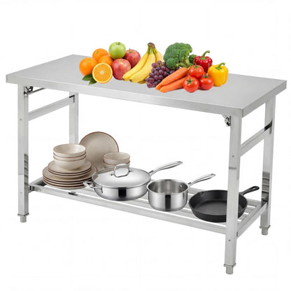 Garvee 48" x 24" Stainless Steel Folding Prep Table, Heavy Duty Commercial Work Table with Adjustable Undershelf for Restaurant, Kitchen, Food Service, Space-Saving, No Installation Required