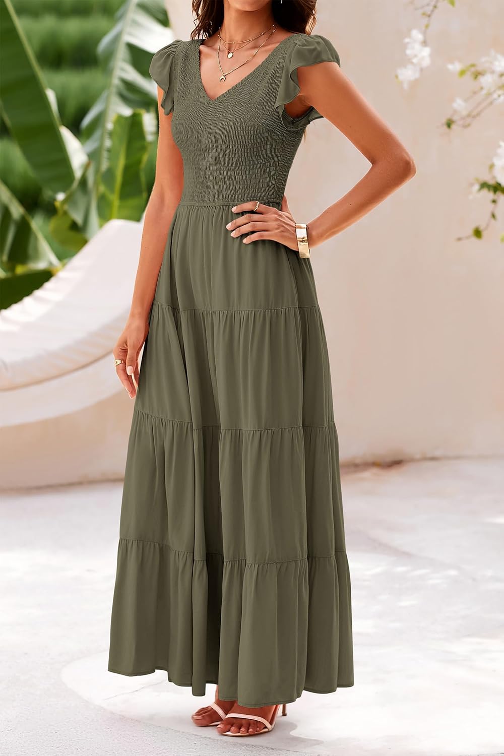 PRETTYGARDEN Women's Summer Flowy Maxi Dress Casual Cap Sleeve V Neck Smocked Beach Sundress