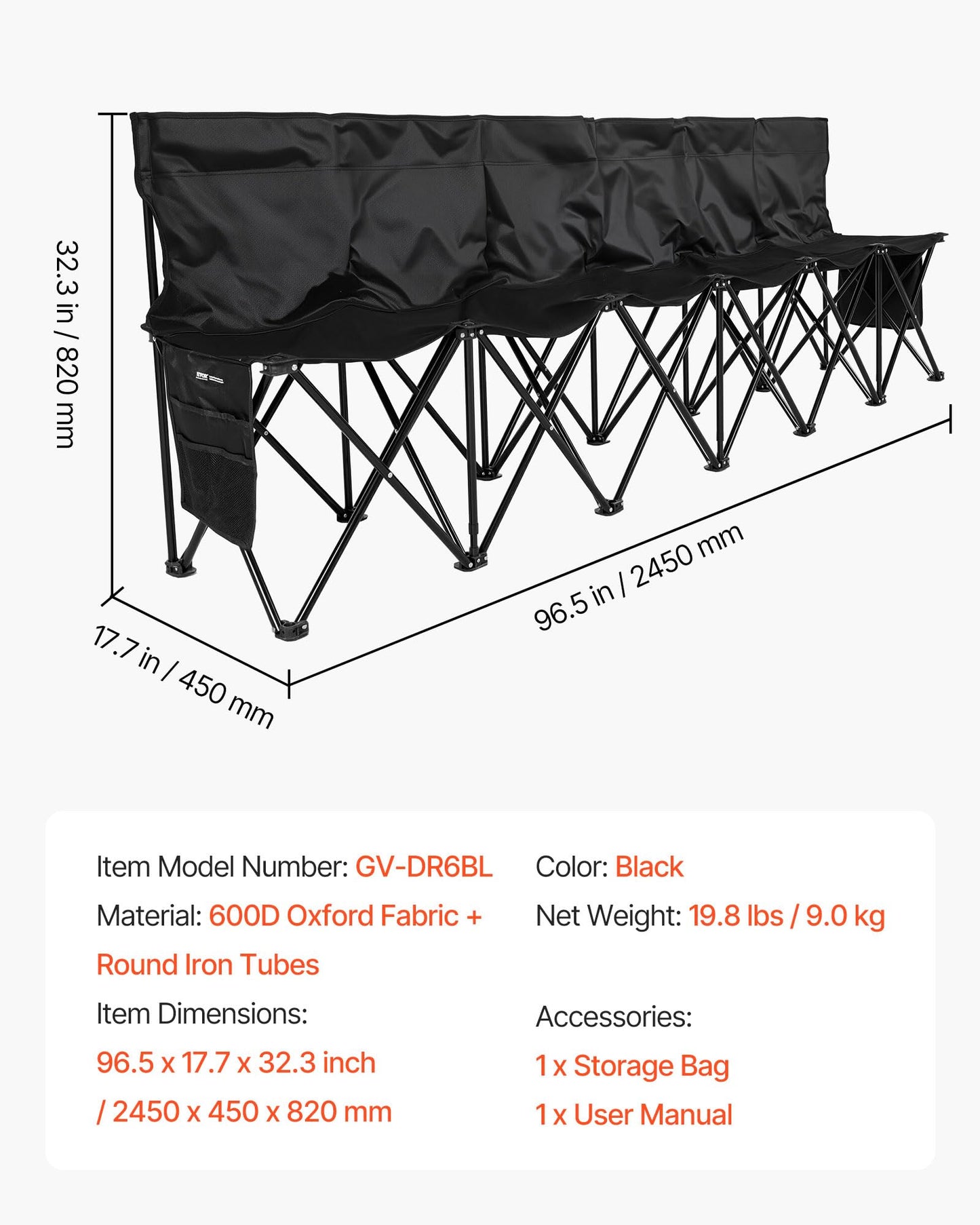 VEVOR Portable Folding Bench, 6 Seat Soccer Bench with Multiple Storage Pockets & Carrying Bag, Lightweight Sideline Seating with Back Rest for Football, Baseball, Camping, Outdoor Events, Black