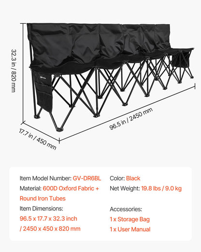 VEVOR Portable Folding Bench, 6 Seat Soccer Bench with Multiple Storage Pockets & Carrying Bag, Lightweight Sideline Seating with Back Rest for Football, Baseball, Camping, Outdoor Events, Black