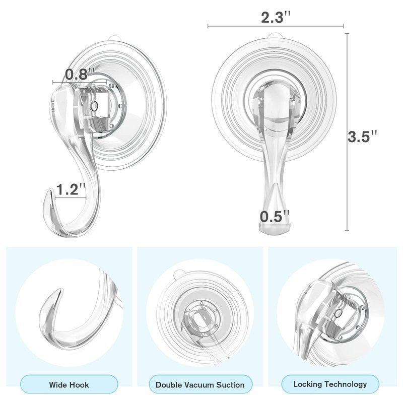 VIS'V Suction Cup Hooks, Small Shower Suction Hooks with Wipes, Heavy Duty, Removable and Reusable, Clear, 2 Pcs