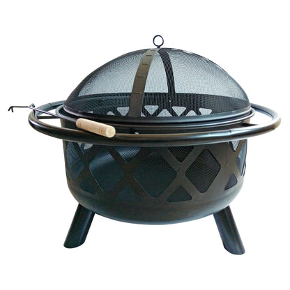 Teamson Home Round Steel Outdoor Fire Pit Outside Wood Burning Firepit Bonfire with Firebowl, Poker, Mesh Screen for Patio Garden Backyard BBQ, 30 Inch, Black