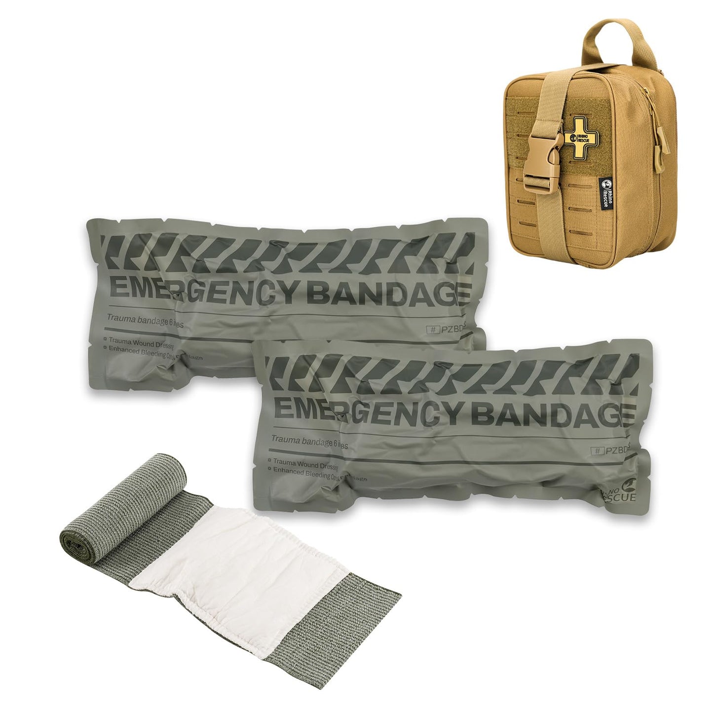 RHINO RESCUE 6" Israeli Style Emergency Bandage + IFAK Trauma Kit with C-A-T Tourniquet for Wound Care (PRO, Coyote)