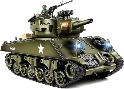 1/18 RC Tank 2.4G US M4A3 Sherman Remote Control Tank That Shoot BBS with Smoke Sound and Lights 165ft Remote Control Army Model Toy Military All-Terrain Vehicle for Kids &amp Adults