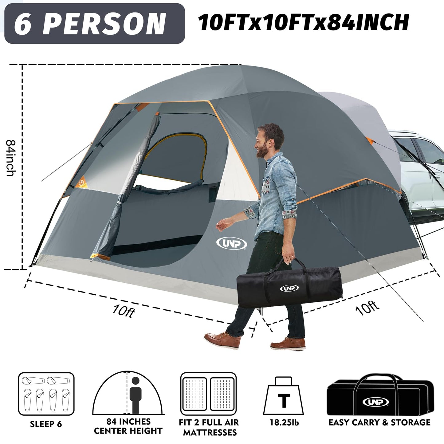 UNP SUV Dome Tent for Camping, Outdoor 6 Person Car Camping Tent, Easy Set Up SUV Tailgate Tent with Rainfly 10' x 10' Vehicle Camping Tent