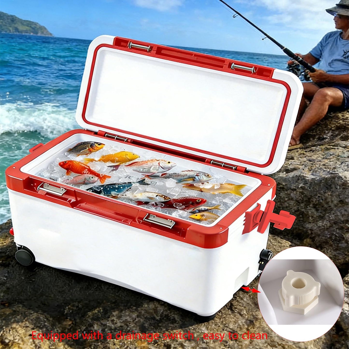 38QT Fishing Seat Box, Outdoor Insulated Cooler with Adjustable Elevating Legs & Drain Plug, Heavy Duty Portable Seat for Uneven Ground, Suitable for Fishing, Camping, Picnics, Outdoor Activities