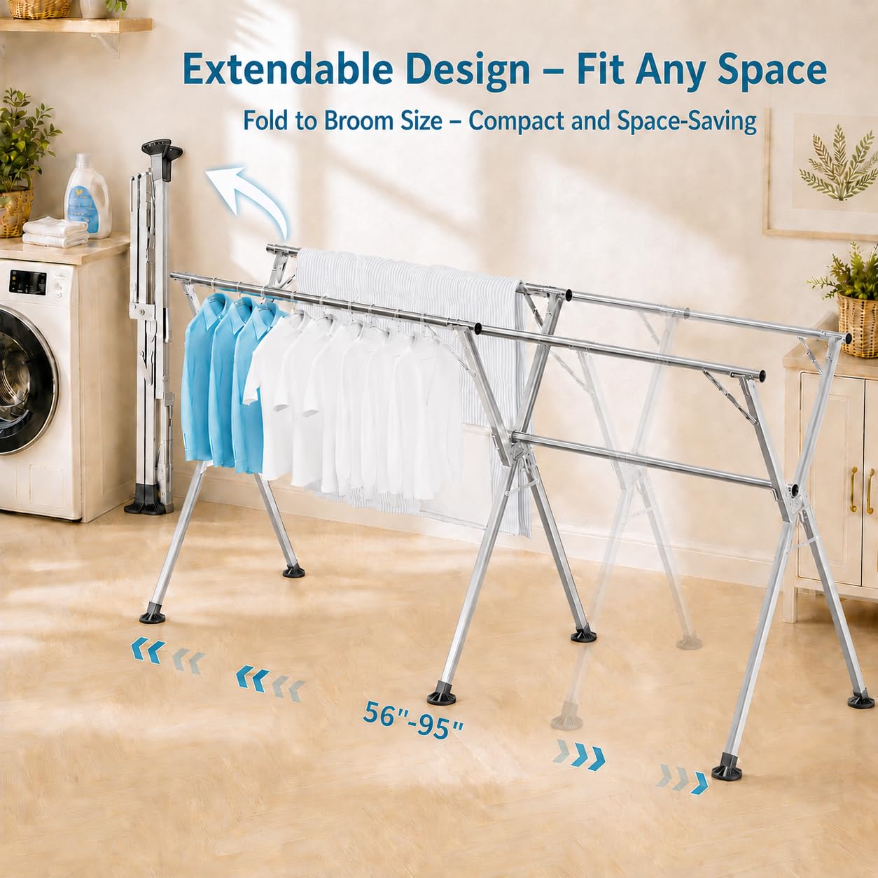ANJIYP 95 Inch Windproof Clothes Drying Rack, Heavy Duty Stainless Steel Folding Laundry Drying Rack for Indoor Outdoor Use, Collapsible Clothes Rack with 20 Hooks & 12 Clips