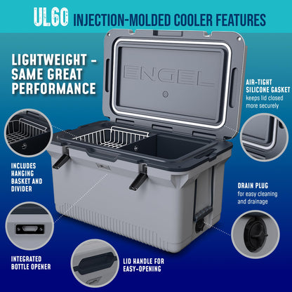 ENGEL 60 QT Ultra-Light Injection Molded Cooler - Ice Chest Keeps Ice up to 7 Days - Large Cooler Includes Wire Basket, Divider and Built-in Bottle Opener - Gray with Dark Grey Interior (Haze Grey)