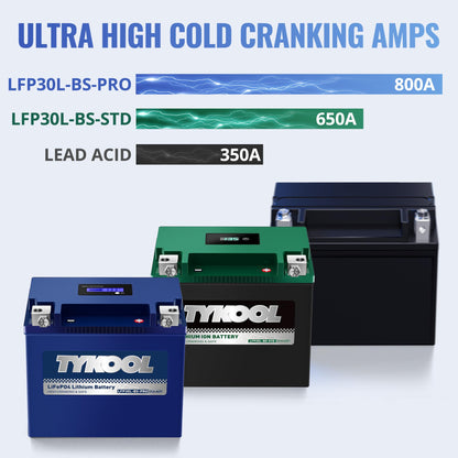 TYKOOL LFP30L-BS-PRO Lithium LiFePO4 Battery 18Ah 800CCA, LCD Readout IP66,Compatible with Harley Touring Road Glide Street Glide, Polaris RZR Ranger 1000, Can-Am Defender Maverick, Replaces YTX30L-BS