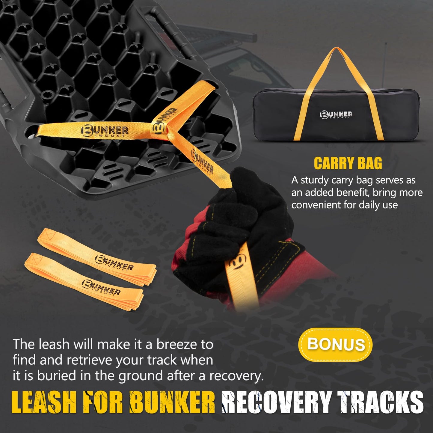 BUNKER INDUST Off-road Traction Boards with Jack Base,Pair Recovery Track 4X4 Jeep Truck Emergency Tire Traction Mat with Bag -Sand, Mud, Snow Tracks Black Traction Pad (Gen 7th)