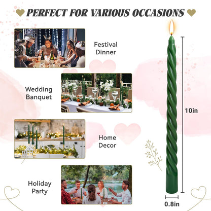 10 Inch Hunter-Green Twisted Taper Candles Set for Christmas and Spring, 12 Pack Unscented Dripelss Candlesticks for St. Patrick's Day Holiday Party Decoration