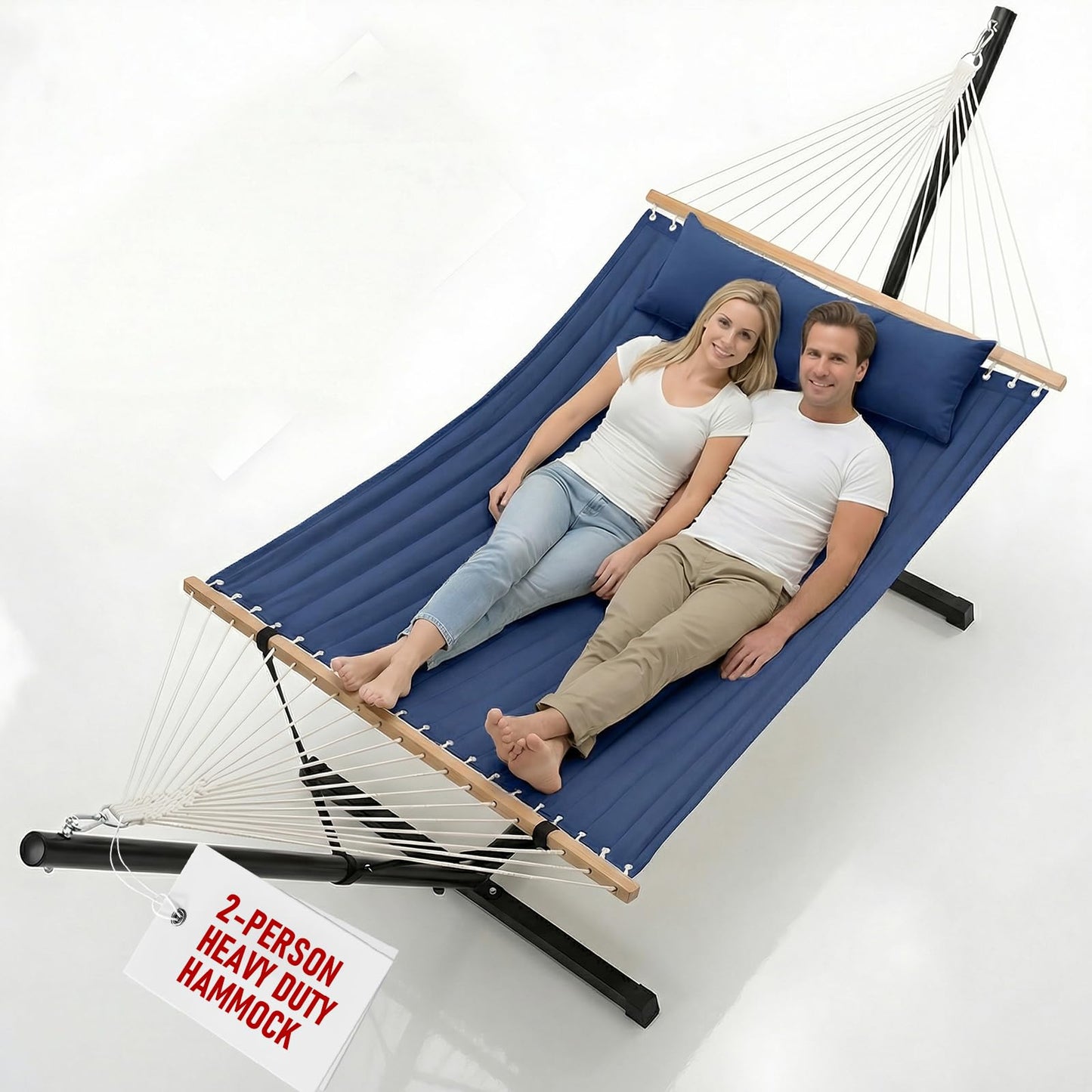 FULIYE Double Hammock with Stand for Outdoor，2 Person Heavy Duty Portable Hammock with Adjustable Steel Stand and Balance Ropes Included – for Patio, Backyard, Garden, Beach (Purplish Blue)