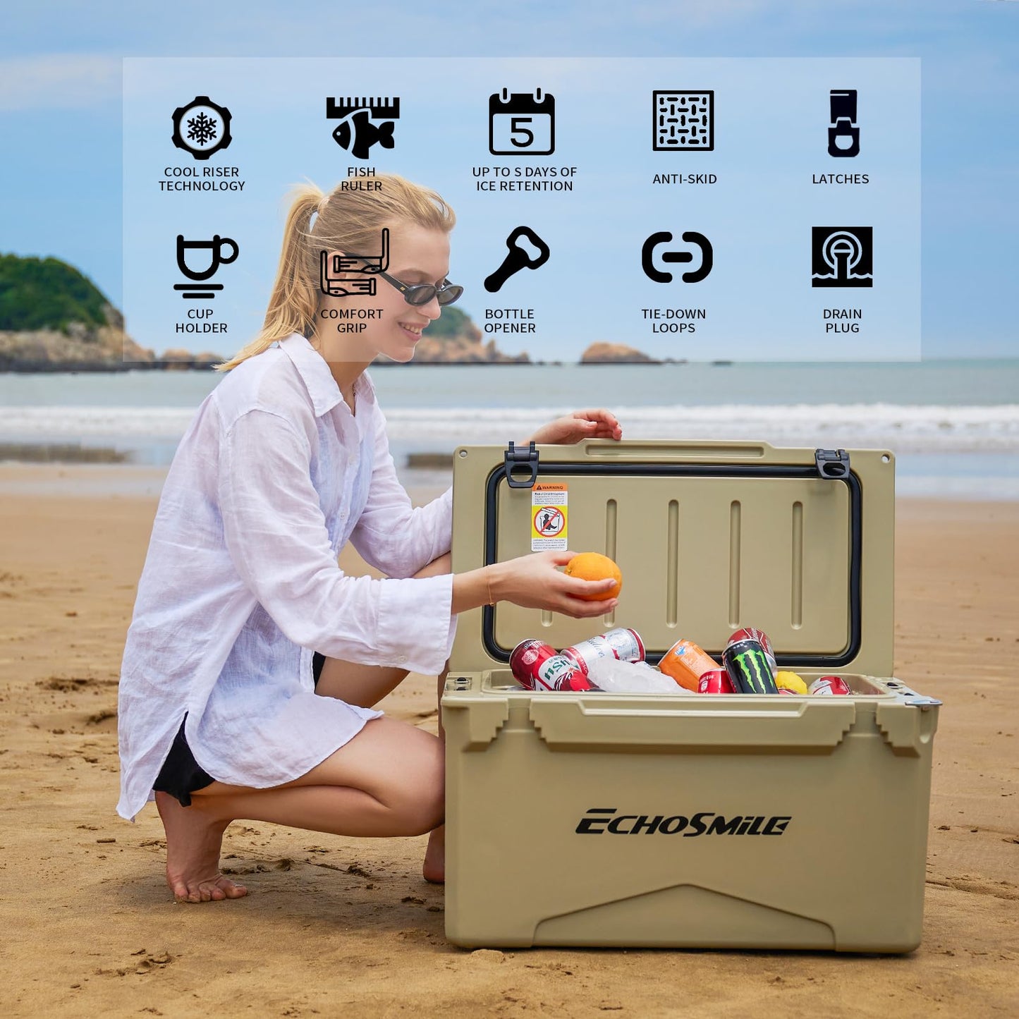 EchoSmile 25/30/35/40/60/75 Quart Rotomolded Cooler, Built to Stand up to The Rigors of The Journey