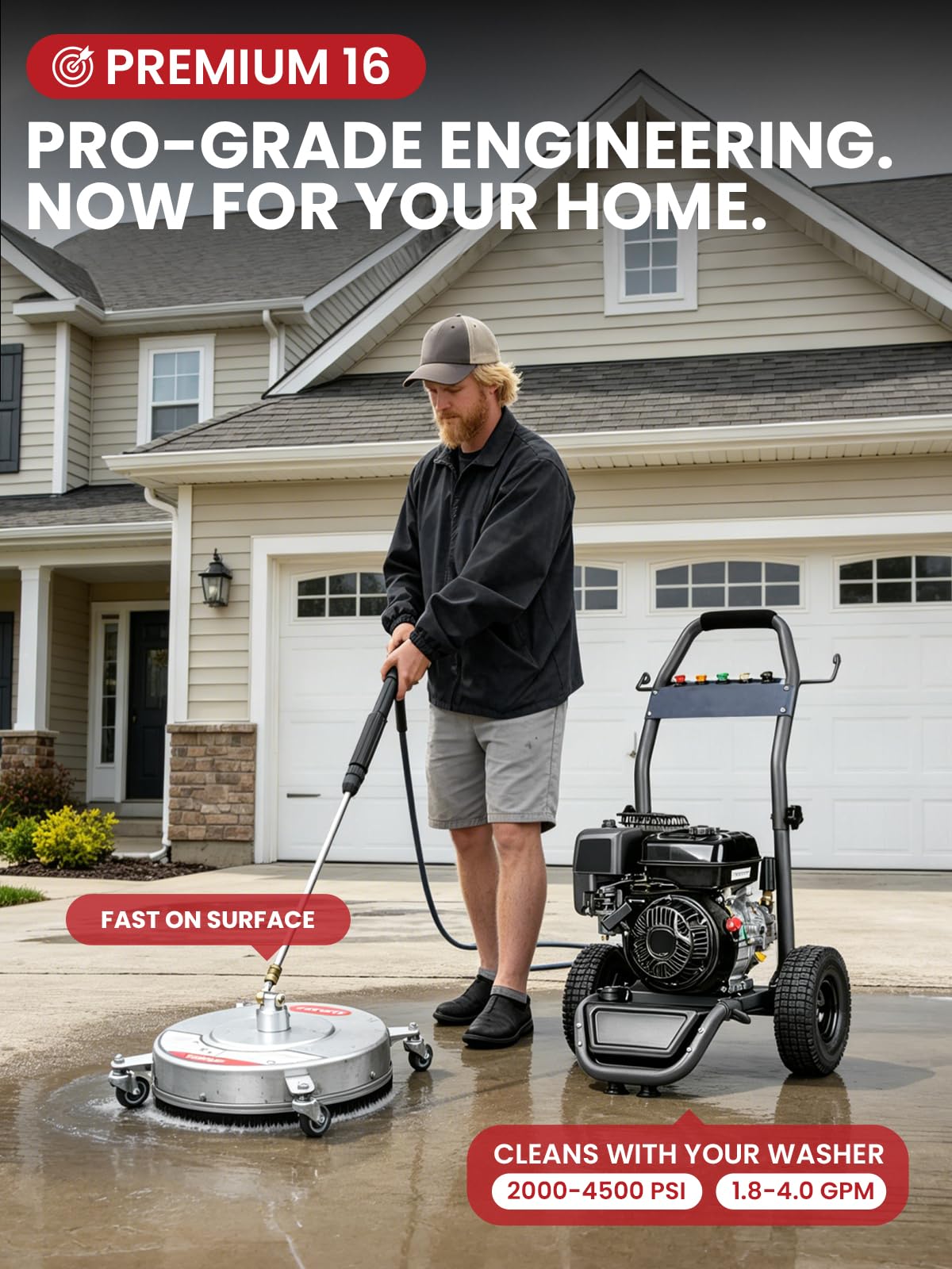 WOJET 16" Stainless Steel Pressure Washer Surface Cleaner, Professional Grade Power Washer Surface Cleaner Attachment for Concrete Driveway, Patio, Deck, Sidewalk, Fits Gas & Electric Washers 4500 PSI