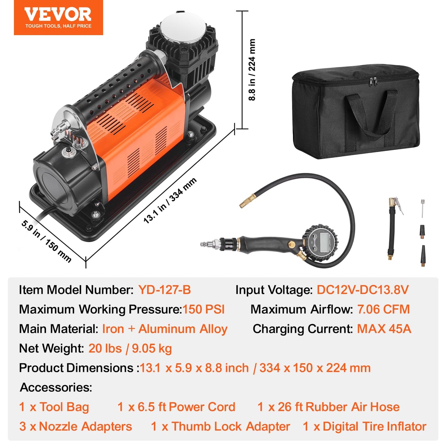 VEVOR 12V Heavy Duty Air Compressor - with Digital Pressure Gauge Tire Inflator Kit, 7.06 CFM Portable Tire Inflator, 150PSI Offroad Air Pump with Adapters for Trucks Car SUV 4 x 4 Vehicle RV