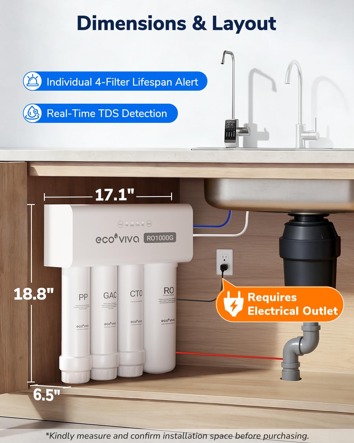 Ecoviva 1000GPD UnderSink Reverse Osmosis System, German Design, NSF/ANSI 58 61 372 Tankless 9-Stage 3:1 Pure to Drain, 10 Years Robust Alkaline RO Water Filtration, Fully Sealed