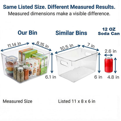 MOONEDGE Open Clear Plastic Storage Bins Stackable Organizer Containers with Handles for Kitchen, Pantry, Fridge, Cabinet, Closet Storage & Home Organization 6 Pack（11 x 8 x 6 in）