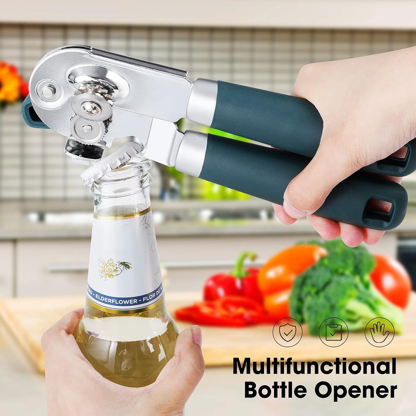 Beneno Heavy Duty Manual Can Opener - Durable Carbon Steel Blade, Effort-Saving Knob & Soft Grip Handle | Green