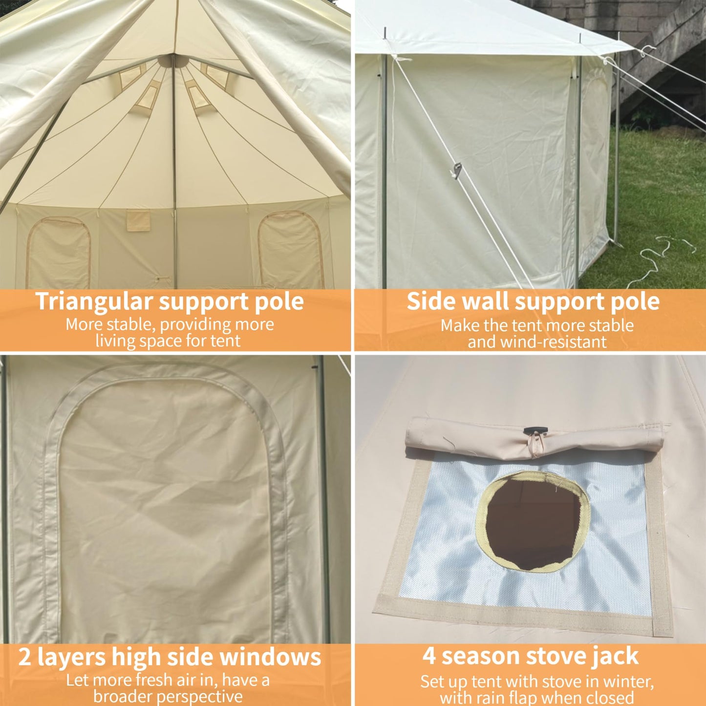 DANCHEL OUTDOOR B6 4 Season High Wall Yurt with Stove Jack, No Center Pole, Flame Retardant 900D Oxford Large Bell Tent Cabin House 4-5 Person Family Glamping, 13ft/4m