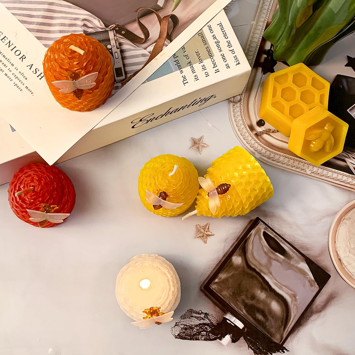 Lacaser Beeswax Candles Bulk Set of 12, Bee Candles with Little Bee Ornament Decors, Bee Themed Gift,Unscented&Smokeless &Dripless, Dia 1.77" x1.97" Each, Yellow