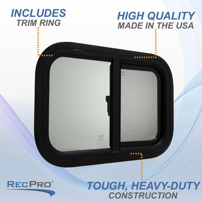 RecPro RV Window Replacement - Teardrop Style, Horizontal Sliding, 21inW x 14inH, Black, Model RP-WIN, Made in USA