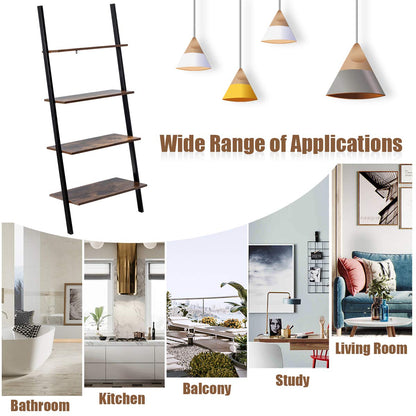 Tangkula Industrial 4-Tier Ladder Shelf, Leaning Against The Wall Bookshelf for Living Room Office, Multipurpose Storage Rack Shelves with Metal Frame, Plant Flower Stand (Rustic Brown)