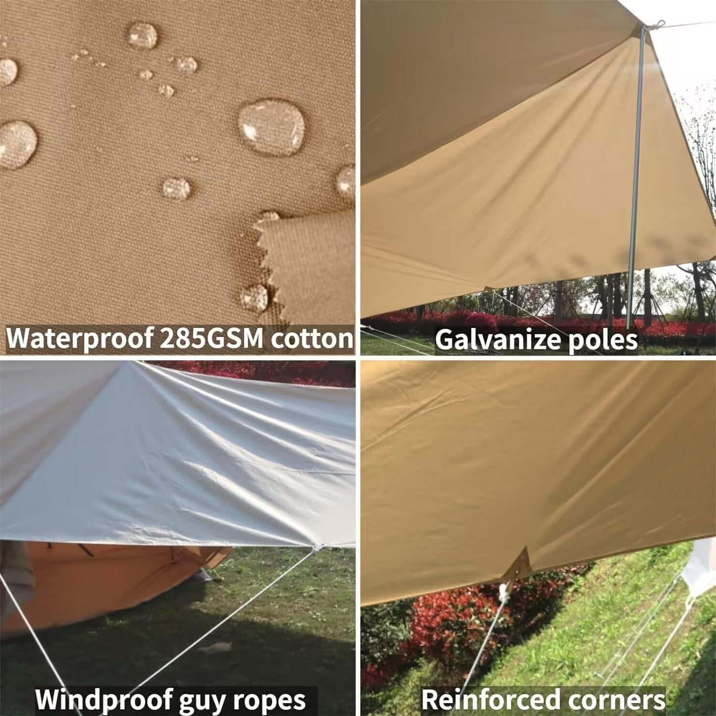 DANCHEL OUTDOOR Waterproof Bell Tent Awning Camping Tarp – Portable Entrance 4 Season Canopy Cover with 6.5ft Poles, Khaki 13x9.8ft Glamping Accessories