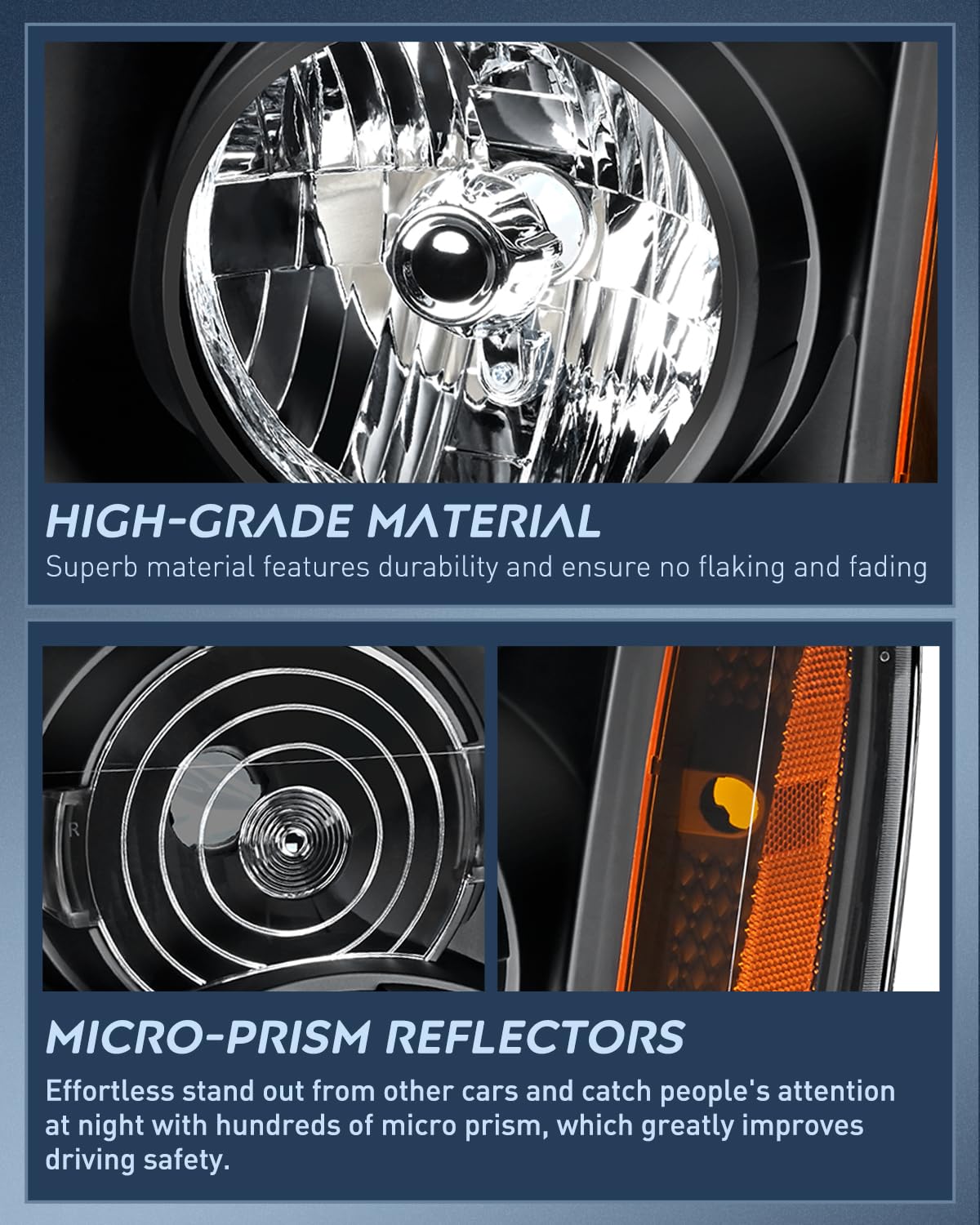 Nilight Headlight Assembly Compatible with 2007 2008 2009 2010 2011 2012 2013 2014 GMC Yukon Halogen Type Factory OE Style Replacement Black Housing Amber Reflector Passenger and Driver Side