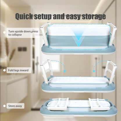 Fukursul 50" Large Folding Bathtub for Adults – Portable PP Tub with Back Cushion, Storage Basket & Thermal Cover, for Hot Bath or Ice Plunge (Blue-5, 50in)