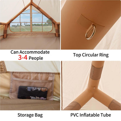 WaldZimmer 6sq Beige Inflatable Camping Tent with Hand Pump and Stove Jack Waterproof Windproof Outdoor Blow up Tent 3-4 Person Oxford 4 Season Glamping Air Tents Cabin House Easy to Set Up