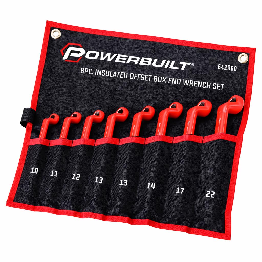 Powerbuilt 8-Piece Box End Insulated VDE Wrench Set, Rated for 1000V, Sizes 10mm-22mm, Electric and Hybrid Vehicles, Home Electrical and Car Repair - 642960